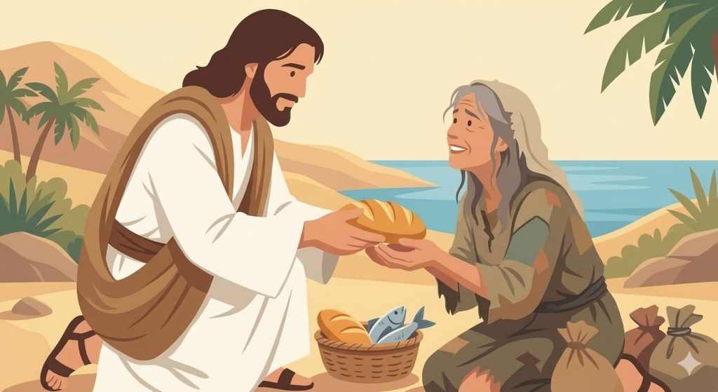 Prière d’une pauvre mendiante à Jésus - des mains vides tendues recevant du pain lumineux d'une main marquée d'une plaie